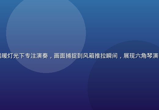 演奏者双手持握六角琴，在温暖灯光下专注演奏，画面捕捉到风箱推拉瞬间，展现六角琴演奏时的动态美感与音乐感染力
